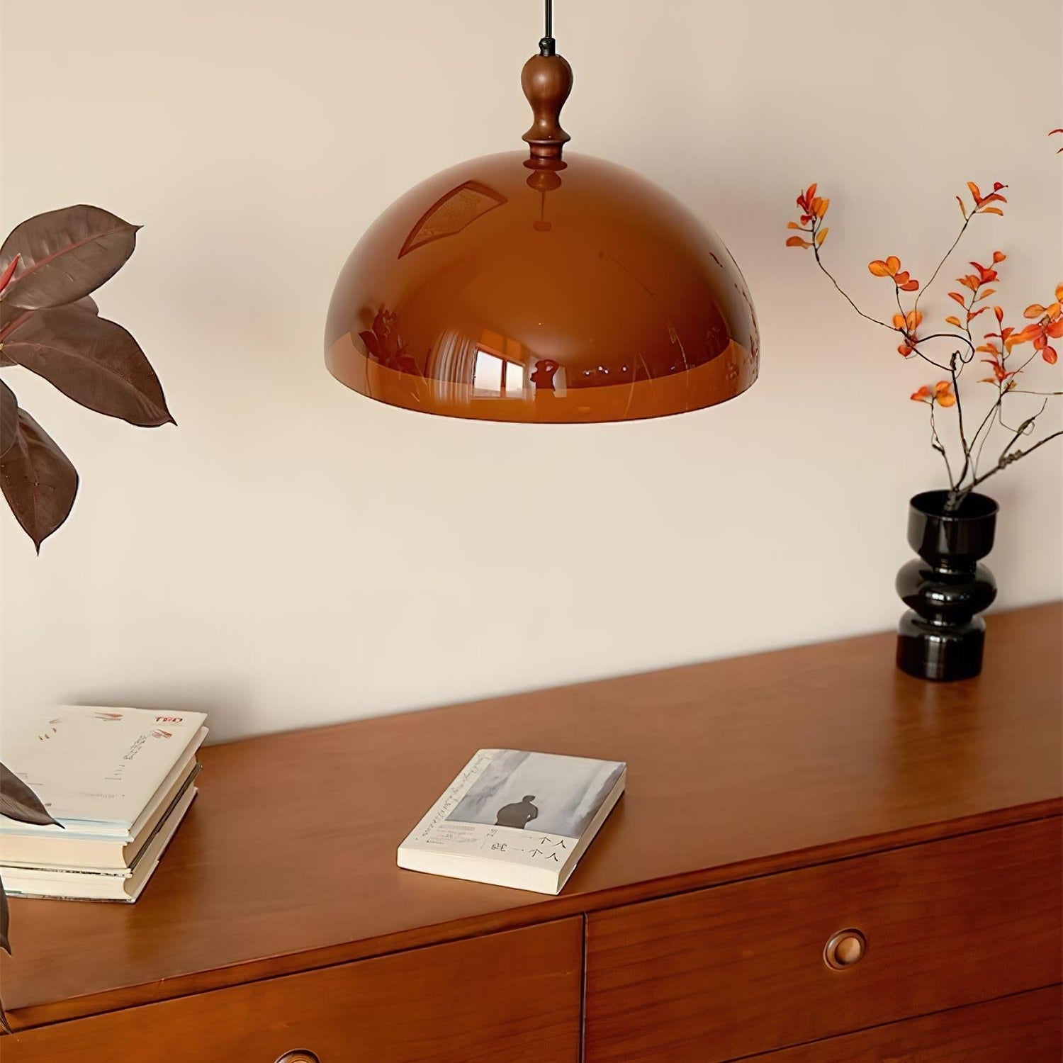 Walnut Wood Dome Pendant Light | Modern Japandi, E27