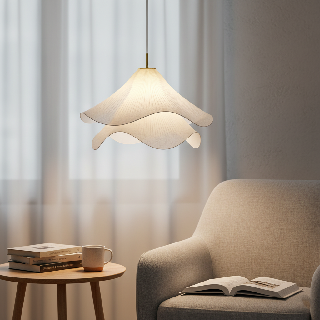 Japandi Fabric Pendant Light | Soft Ambient Glow, Iron Frame