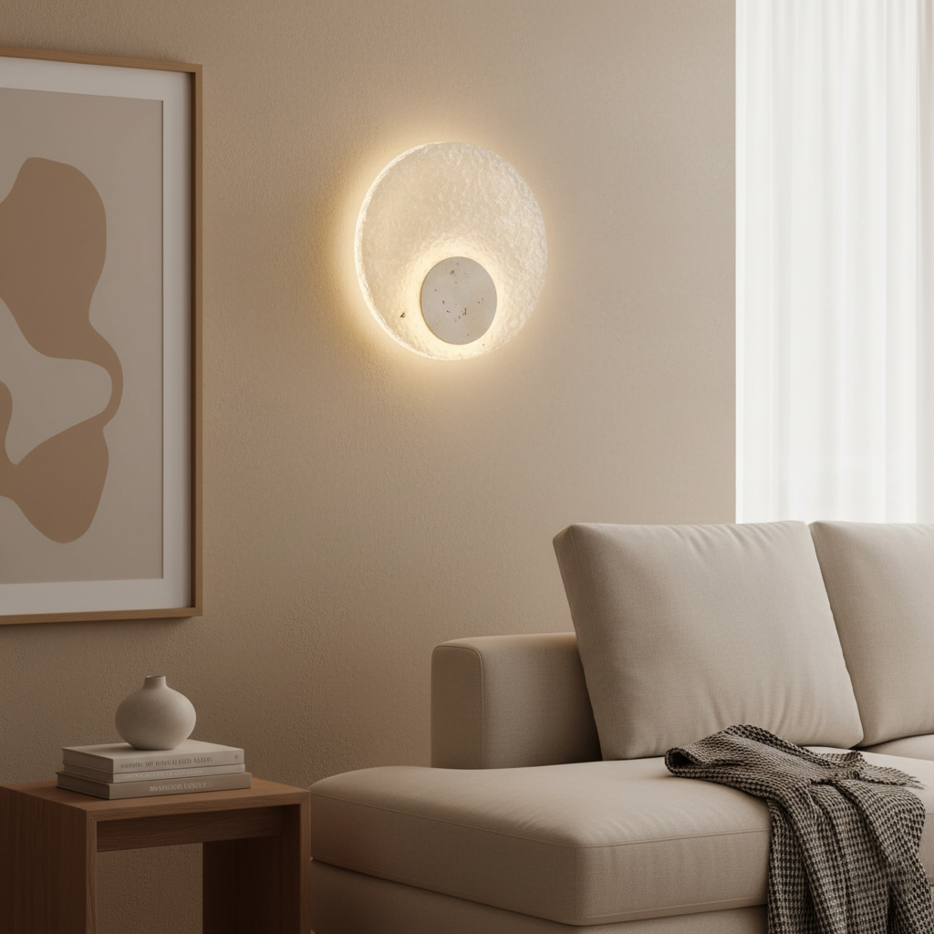 Travertine Wall Lamp | Acrylic Shade, Minimalist Round Design