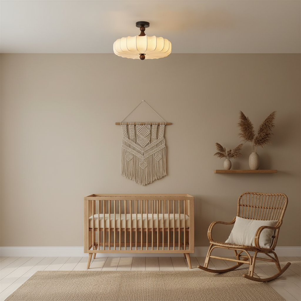 Floral Relief Fabric Ceiling Light | Walnut Wood, Warm White LED