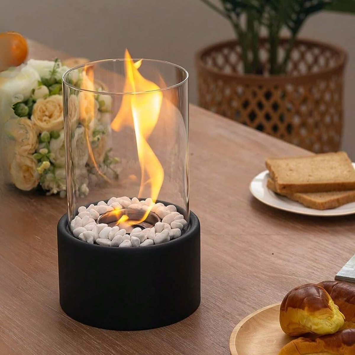 Round Oil Lamp | Glass and Metal, Open Flame Table Décor