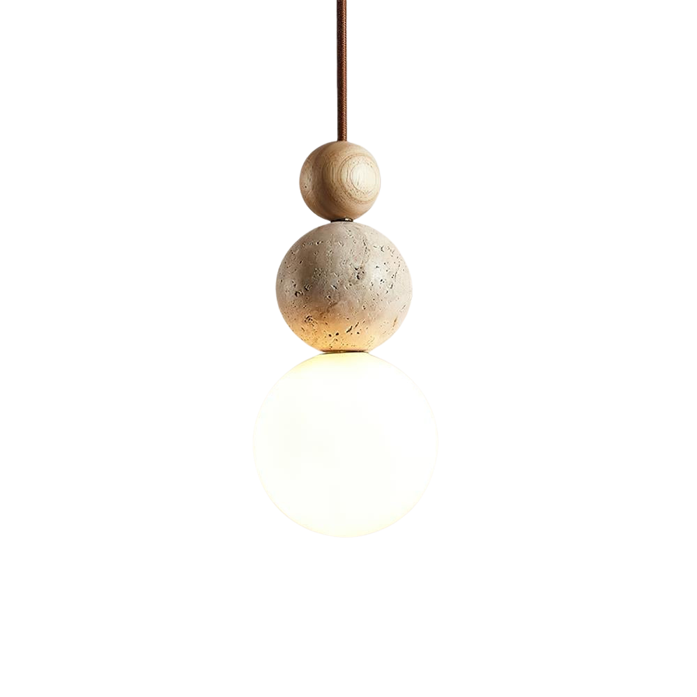 Travertine Pendant Light | Natural Stone, Walnut & Opal Glass