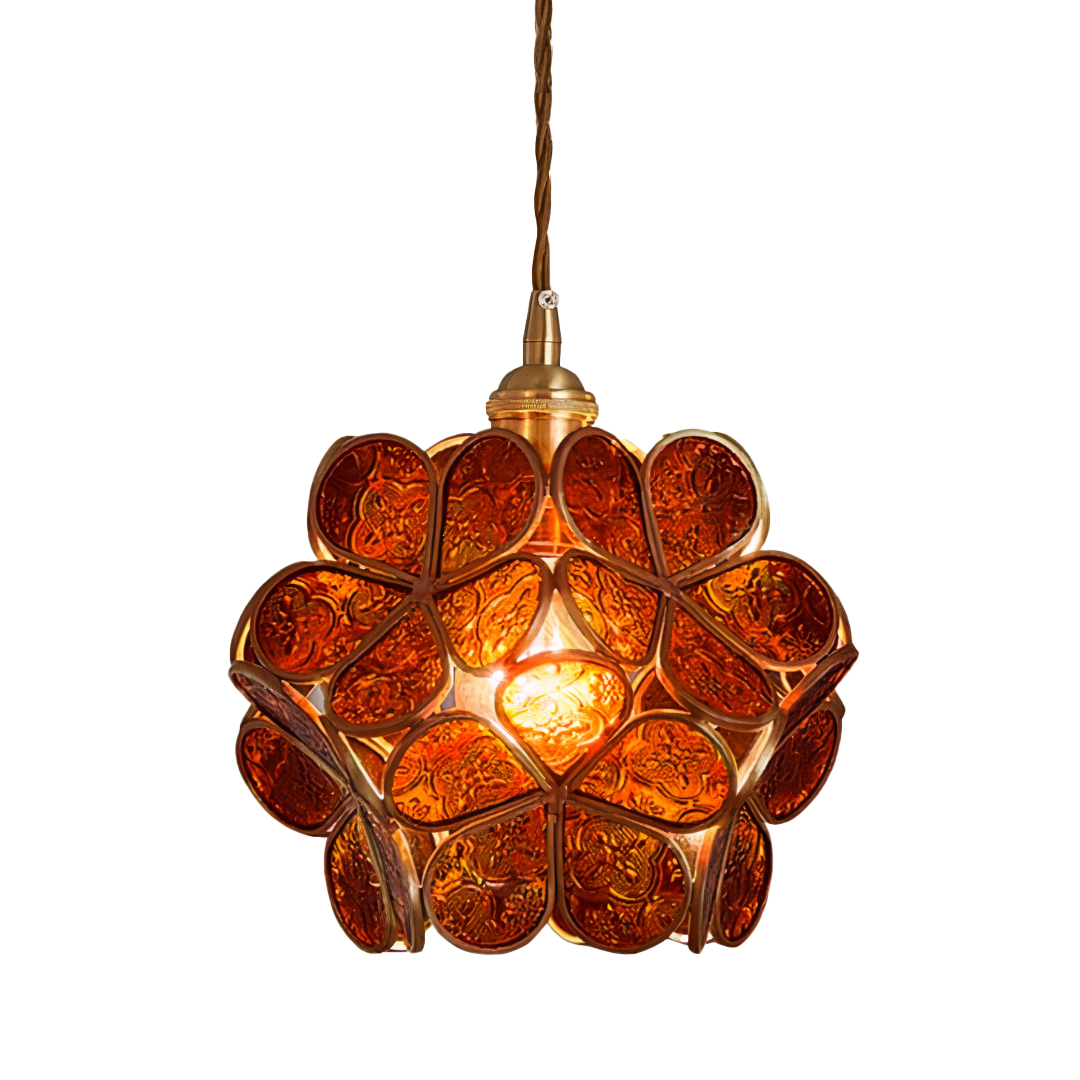 Floral Glass Pendant Light | Brass Frame, E27 Vintage Style