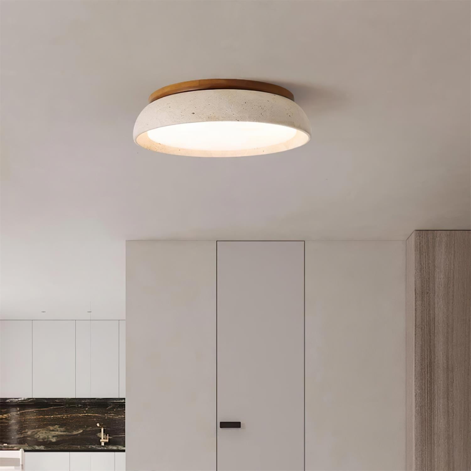 Travertine and Wood Ceiling Light | Japandi Style, 3000K Warm White