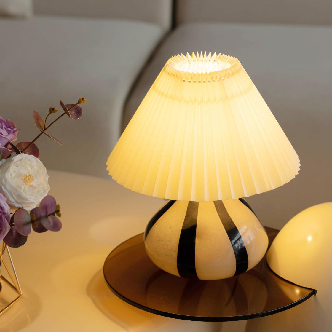 Pleated Fabric Table Lamp | Glass Base, Warm Structured Light