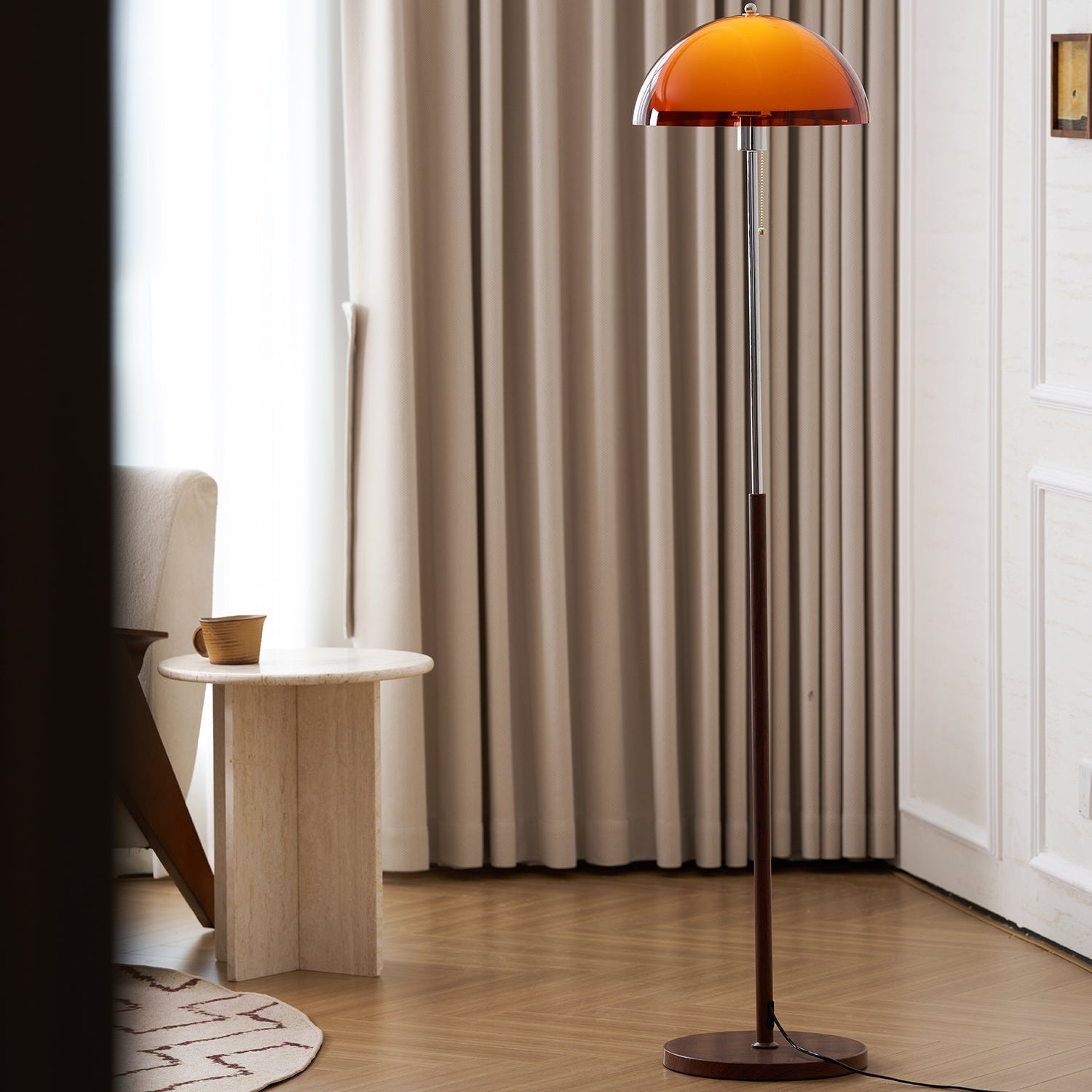 Amber Globe Floor Lamp | Mid-Century Walnut Wood, E27