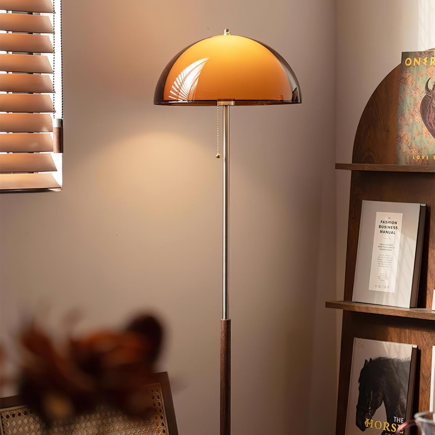 Amber Globe Floor Lamp | Mid-Century Walnut Wood, E27