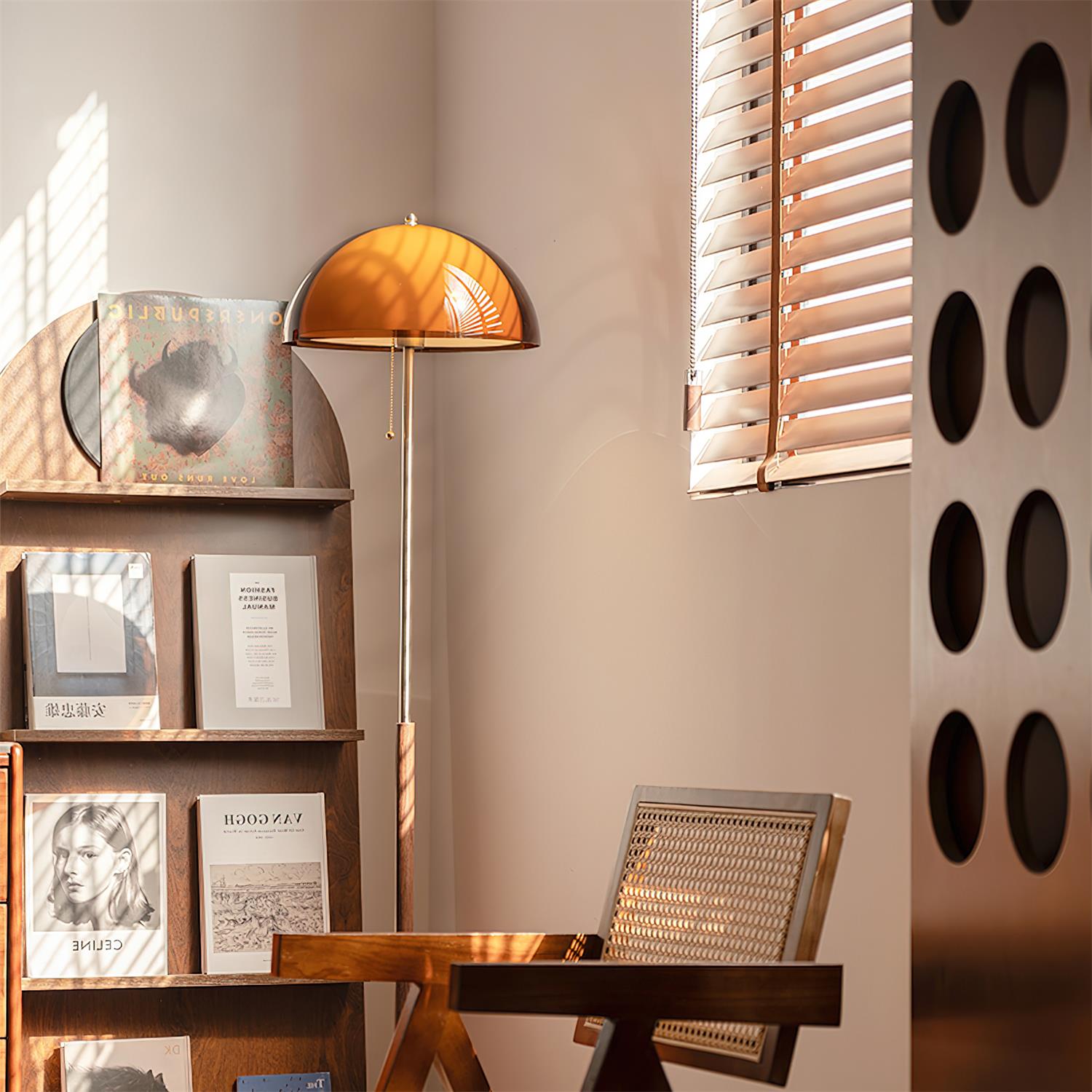 Amber Globe Floor Lamp | Mid-Century Walnut Wood, E27