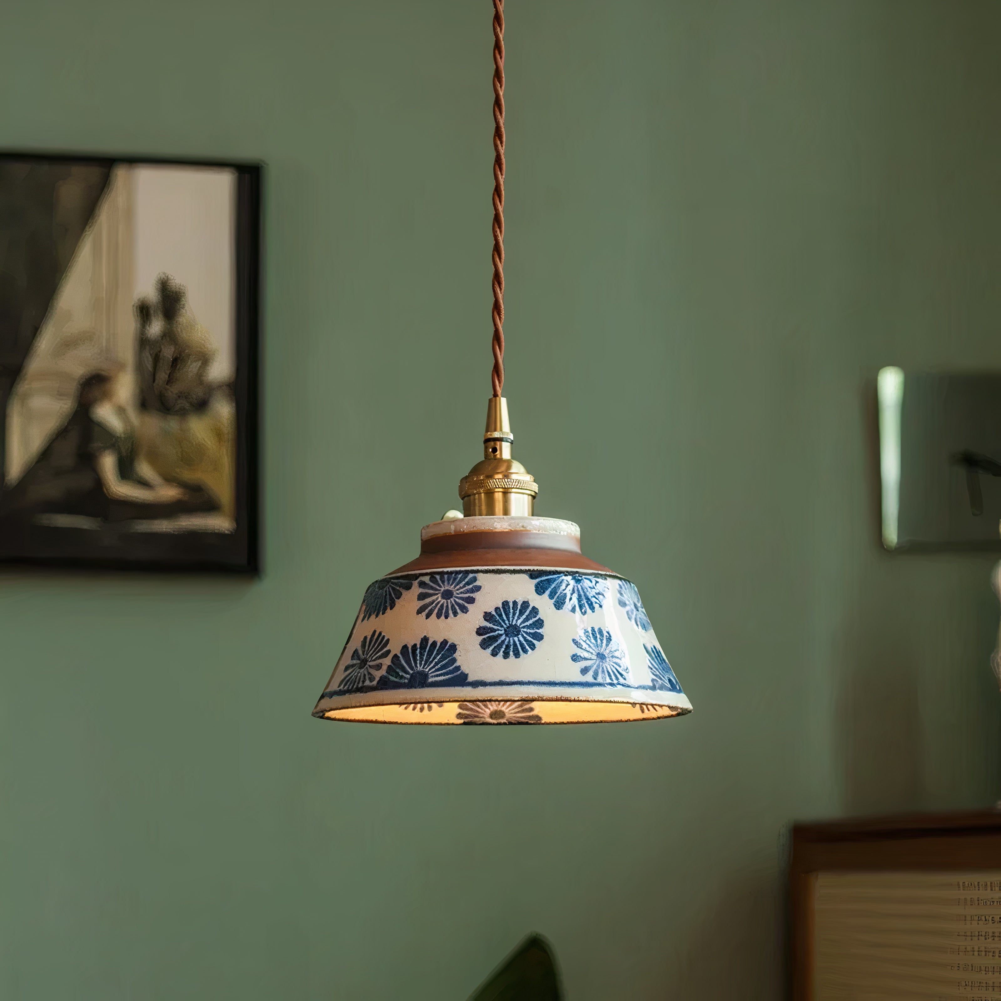 Hand-Painted Ceramic Pendant Light | Scandinavian Floral Design