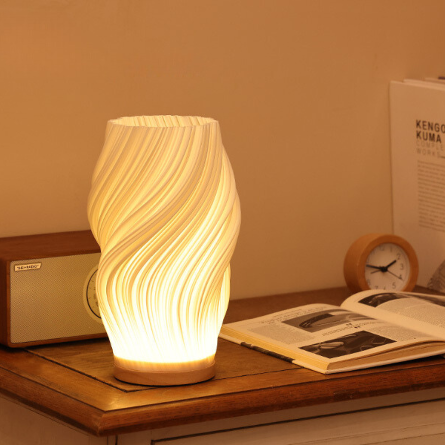 Sculptural LED Table Lamp | Wood Base, Dimmable, USB Powered