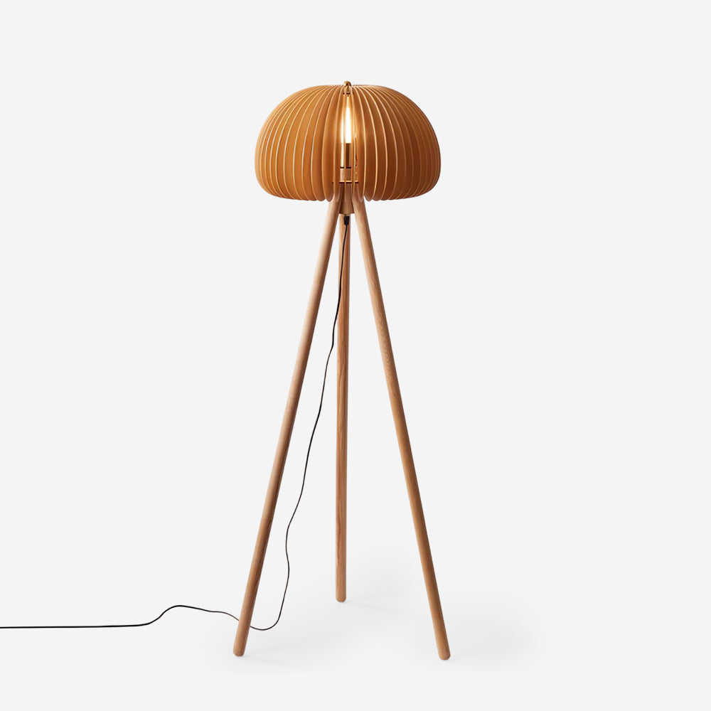 Timber Slat Floor Lamp with Tripod Base | Japandi Style, E27