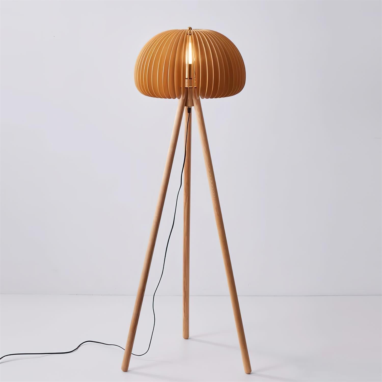 Timber Slat Floor Lamp with Tripod Base | Japandi Style, E27