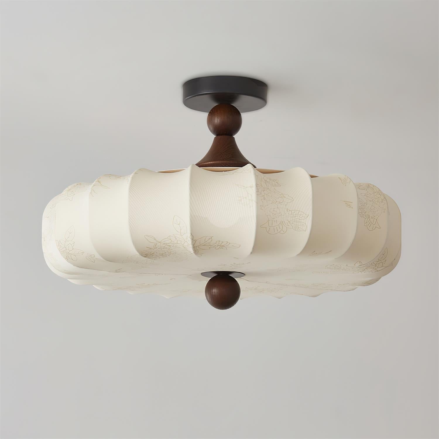 Floral Relief Fabric Ceiling Light | Walnut Wood, Warm White LED