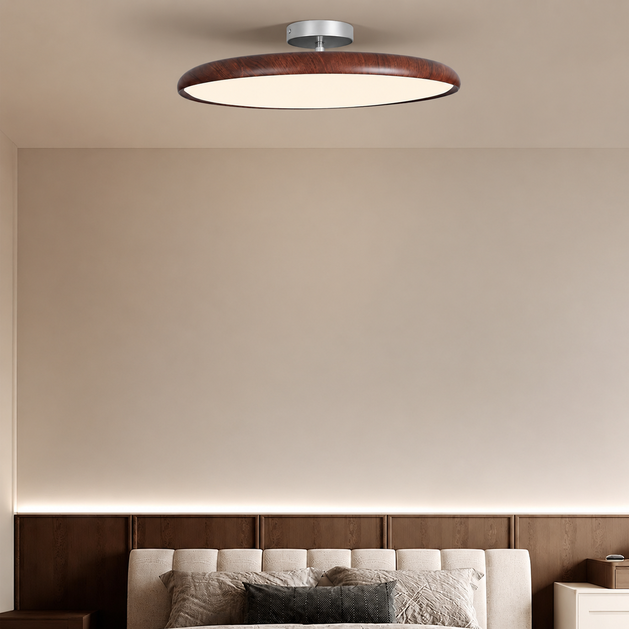 Round Flush Ceiling Light | Wood-Look Frame, Warm White LED