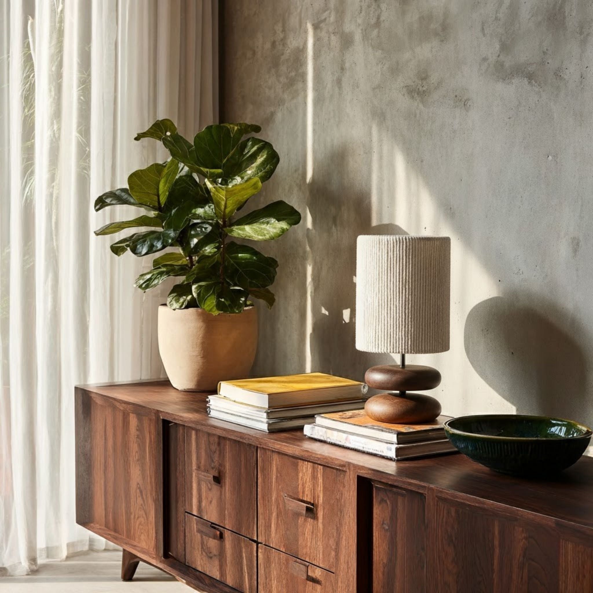 Walnut Wood Table Lamp with Fabric Shade | Modern Japandi Design