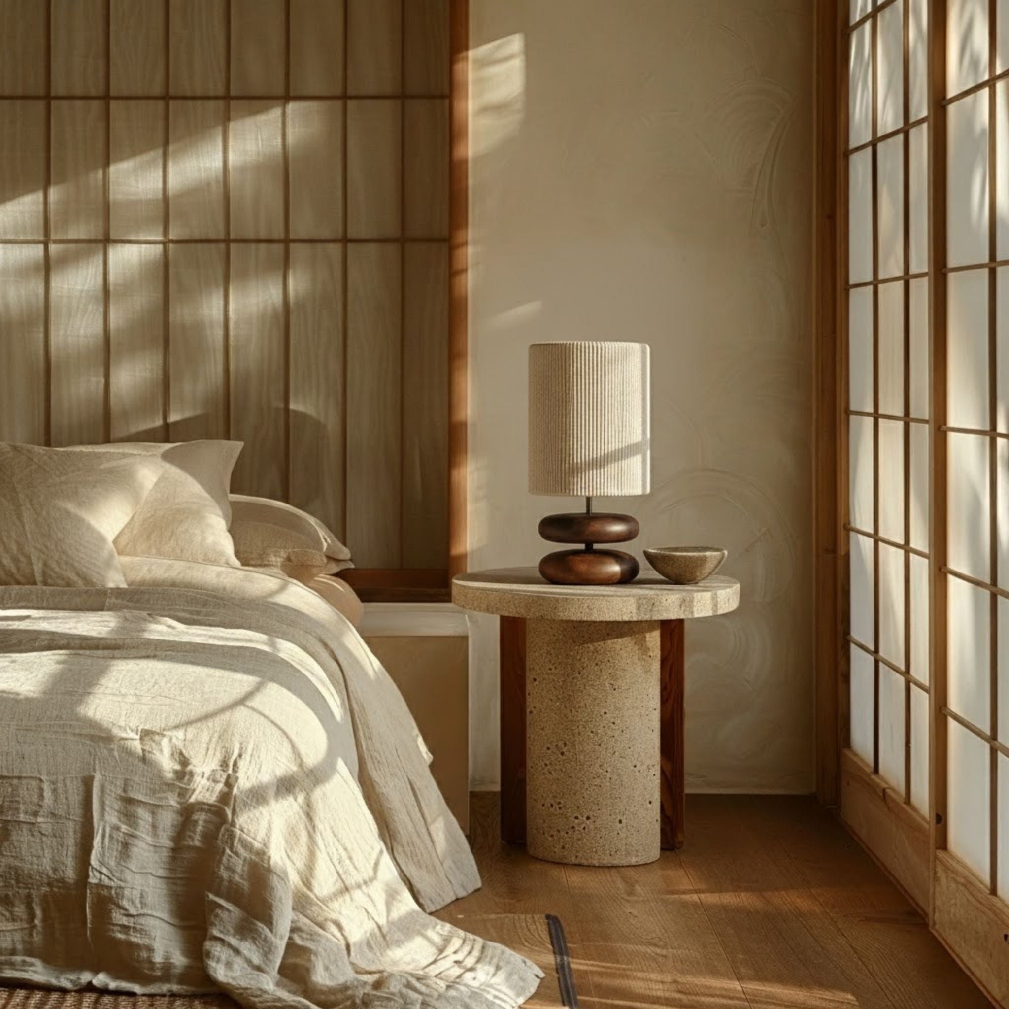 Walnut Wood Table Lamp with Fabric Shade | Modern Japandi Design