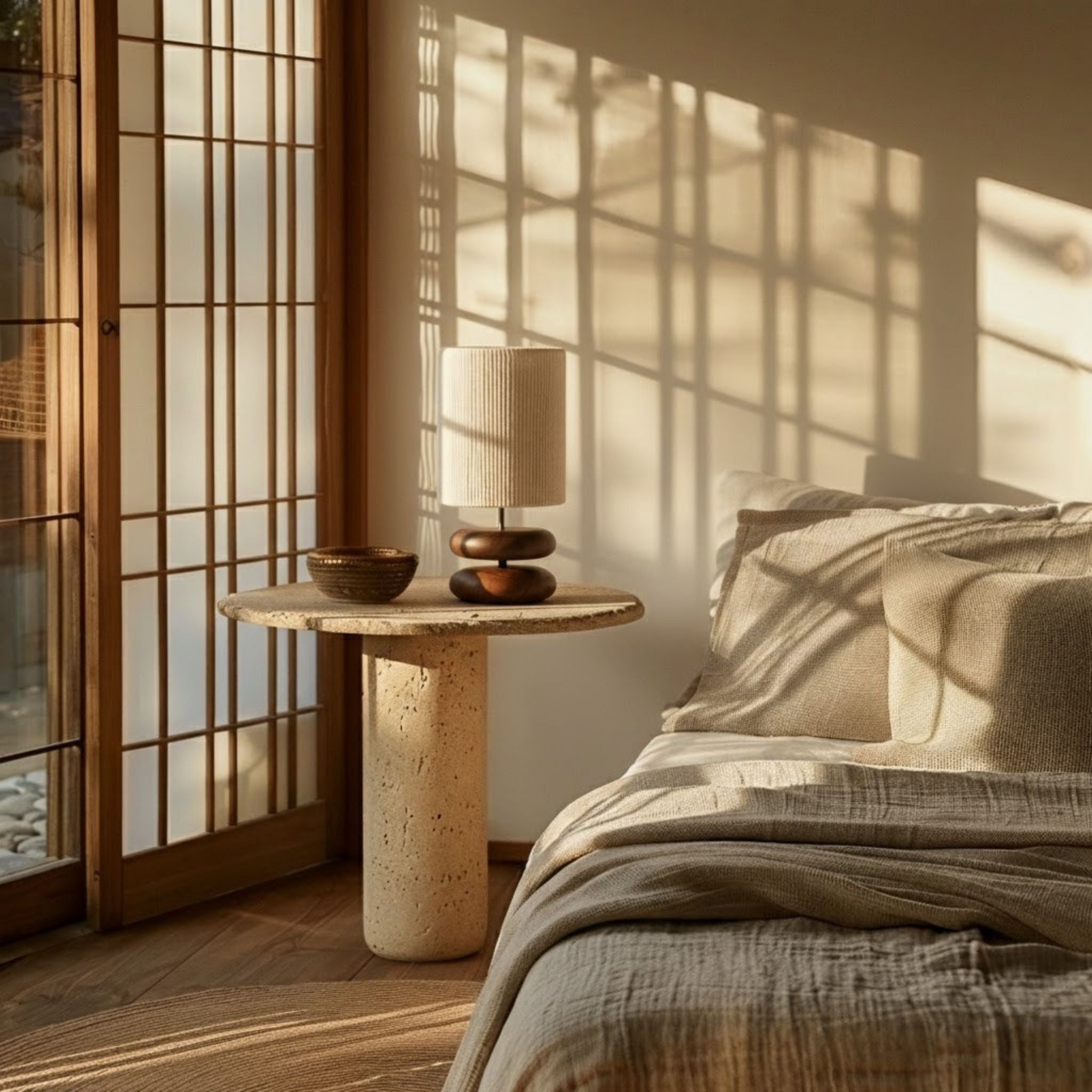 Walnut Wood Table Lamp with Fabric Shade | Modern Japandi Design