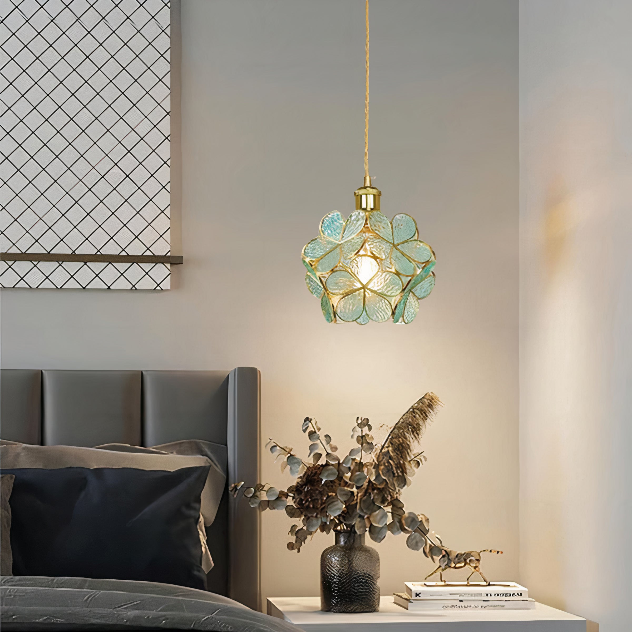 Floral Glass Pendant Light | Brass Frame, E27 Vintage Style