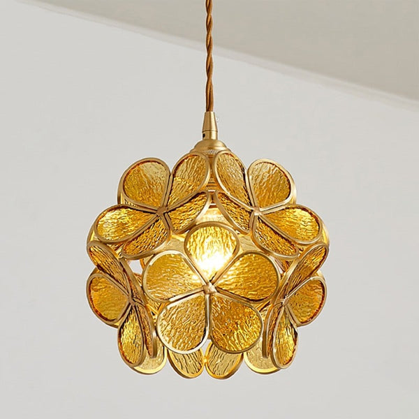 Floral Glass Pendant Light | Brass Frame, E27 Vintage Style