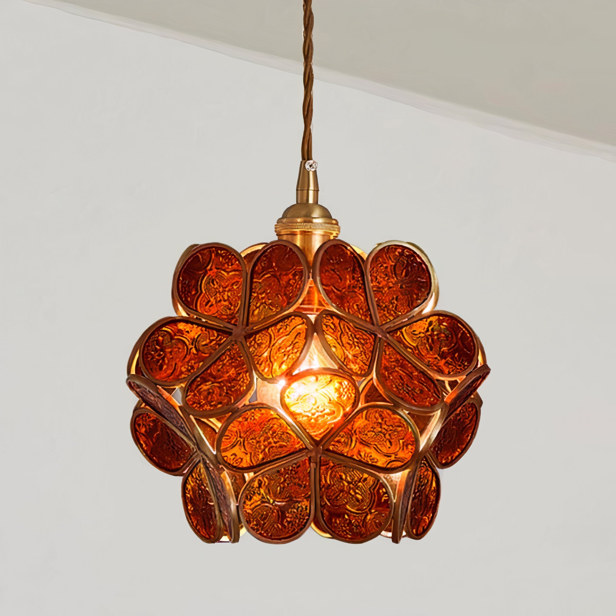 Floral Glass Pendant Light | Brass Frame, E27 Vintage Style