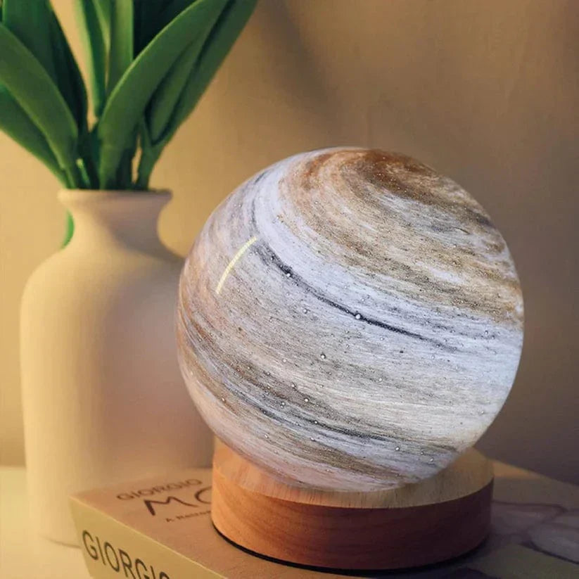 Moon Glass Table Lamp | Dimmable LED, Wood Base, USB