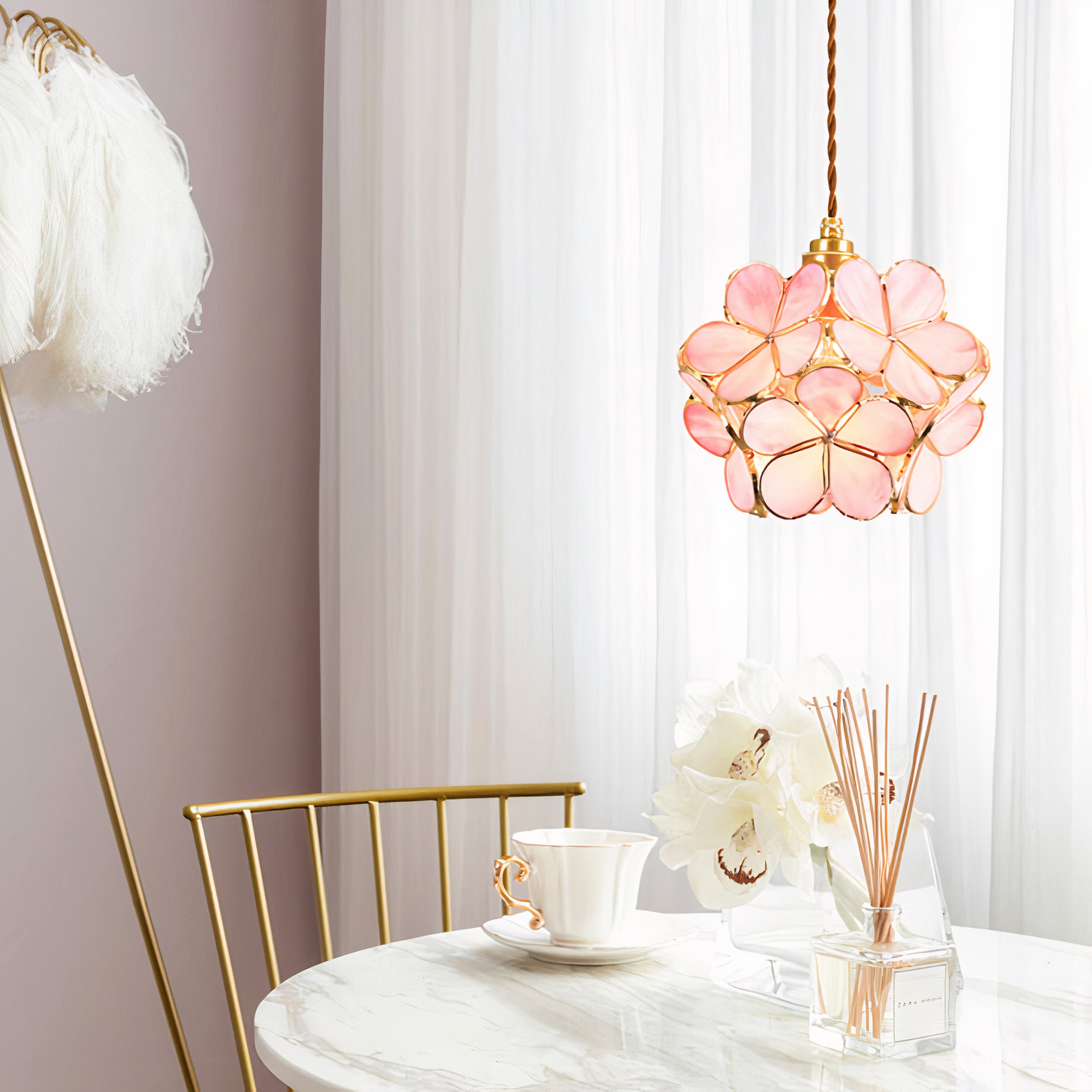 Floral Glass Pendant Light | Brass Frame, E27 Vintage Style